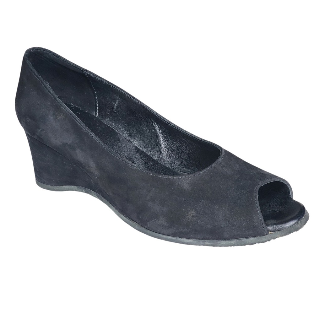 Arche‎ Black Nubuck Leather Peep Toe Wedge Pumps Shoes French Made Womens 38.5